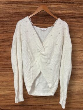 New No Boundaries Soft Cream & Pearl-Embellished Twist-Front Cropped Sweater
